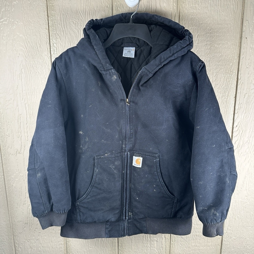 Carhartt Hooded Insulated Jacket Boys Youth Large 14-16 Black Canvas Work CP8417